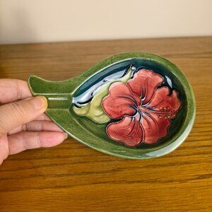Vintage Moorcroft Pottery Hibiscus Ashtray Red Floral on Green Spoon Rest